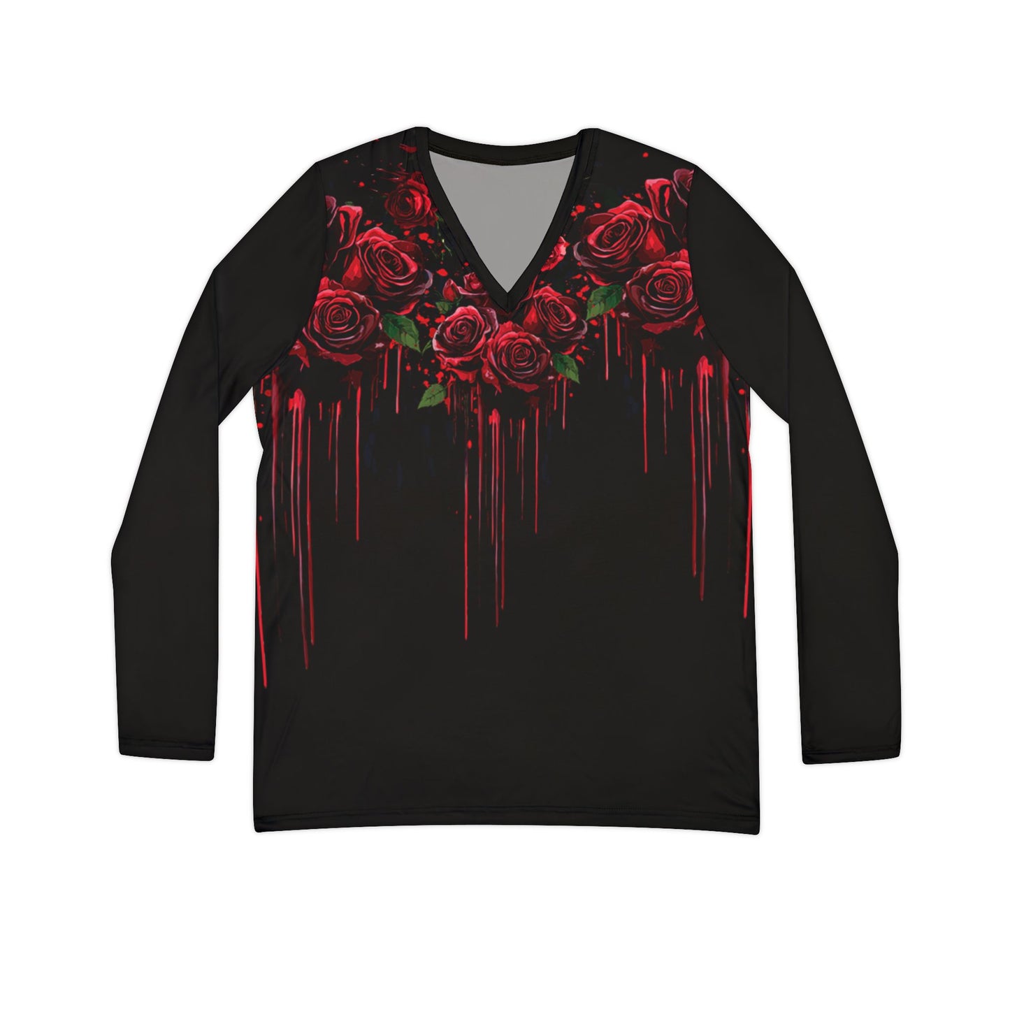 Crimson Bloom V-Neck: Edgy Artistic Long-Sleeve - Yurei Works