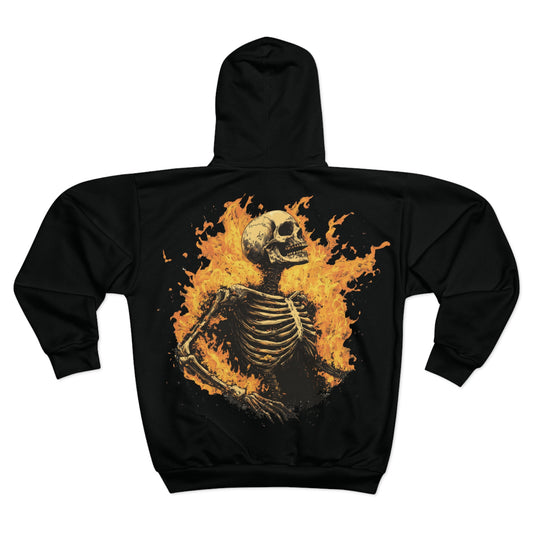 Inferno’s Bones: Skeleton on Fire Zip Hoodie - Yurei Works