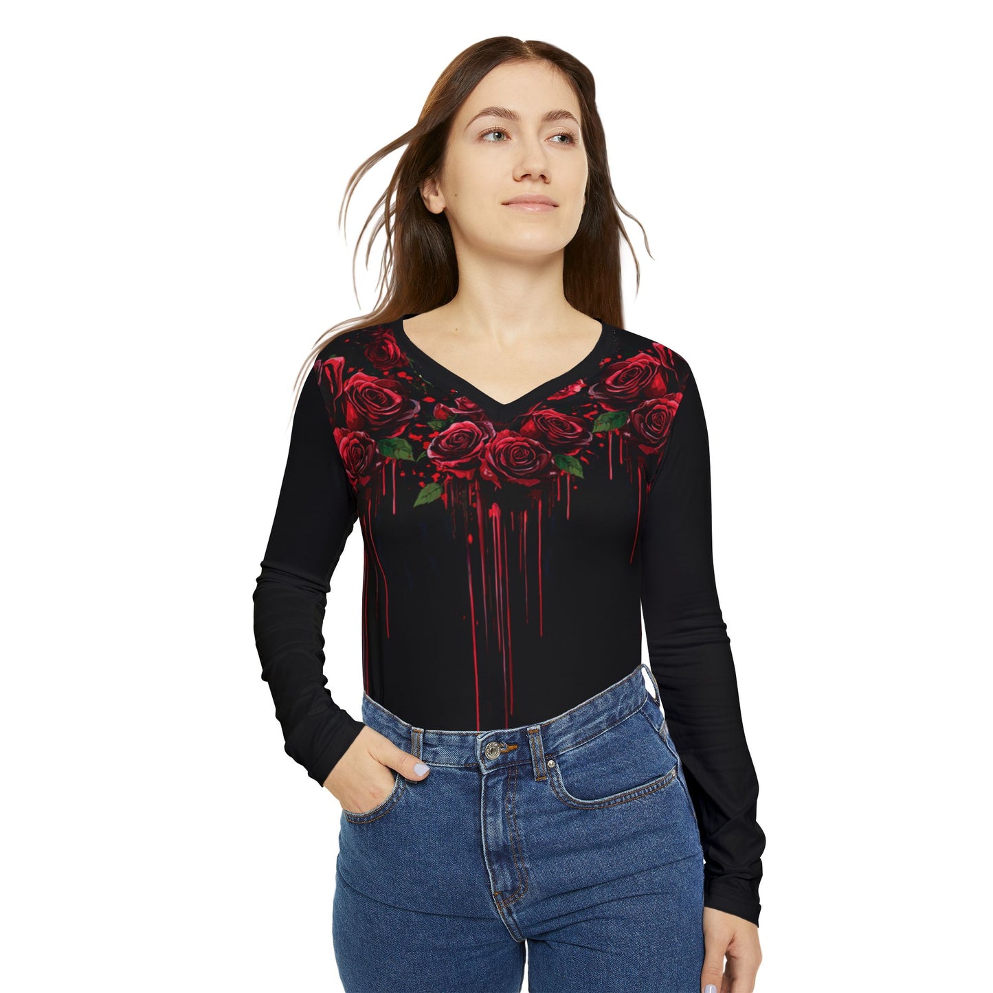 Crimson Bloom V-Neck: Edgy Artistic Long-Sleeve - Yurei Works