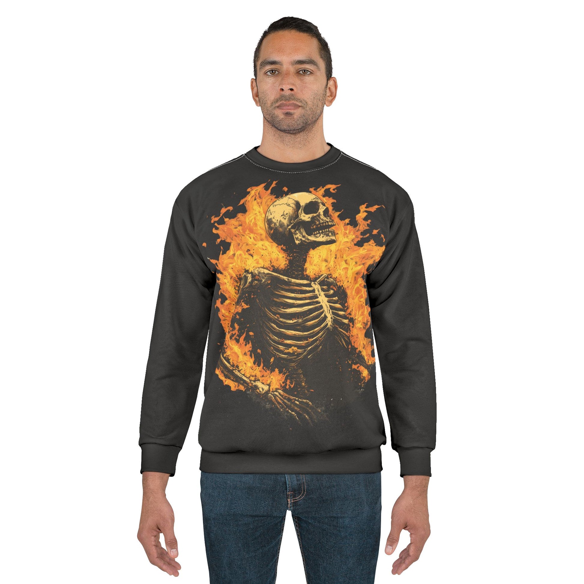 Inferno’s Bones: Skeleton on Fire Crewneck Sweatshirt - Yurei Works