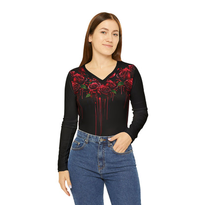 Crimson Bloom V-Neck: Edgy Artistic Long-Sleeve - Yurei Works