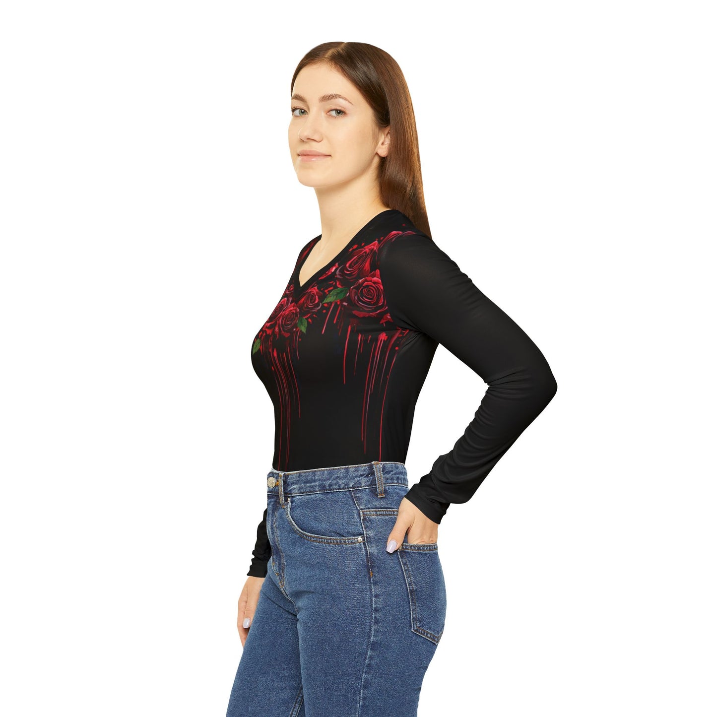 Crimson Bloom V-Neck: Edgy Artistic Long-Sleeve - Yurei Works