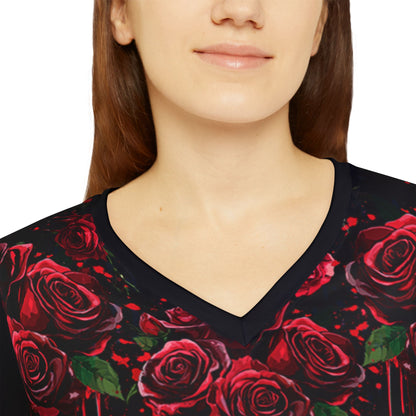 Crimson Bloom V-Neck: Edgy Artistic Long-Sleeve - Yurei Works