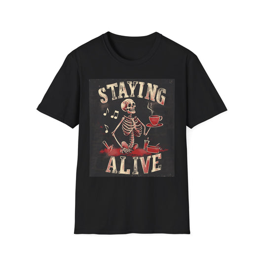 Staying Alive Skeleton Tee – Vintage Rock Poster Style - Yurei Works