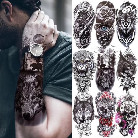 Black Forest Temporary Tattoo Sticker: Tiger, Wolf, Death Skull Designs - Yurei Works