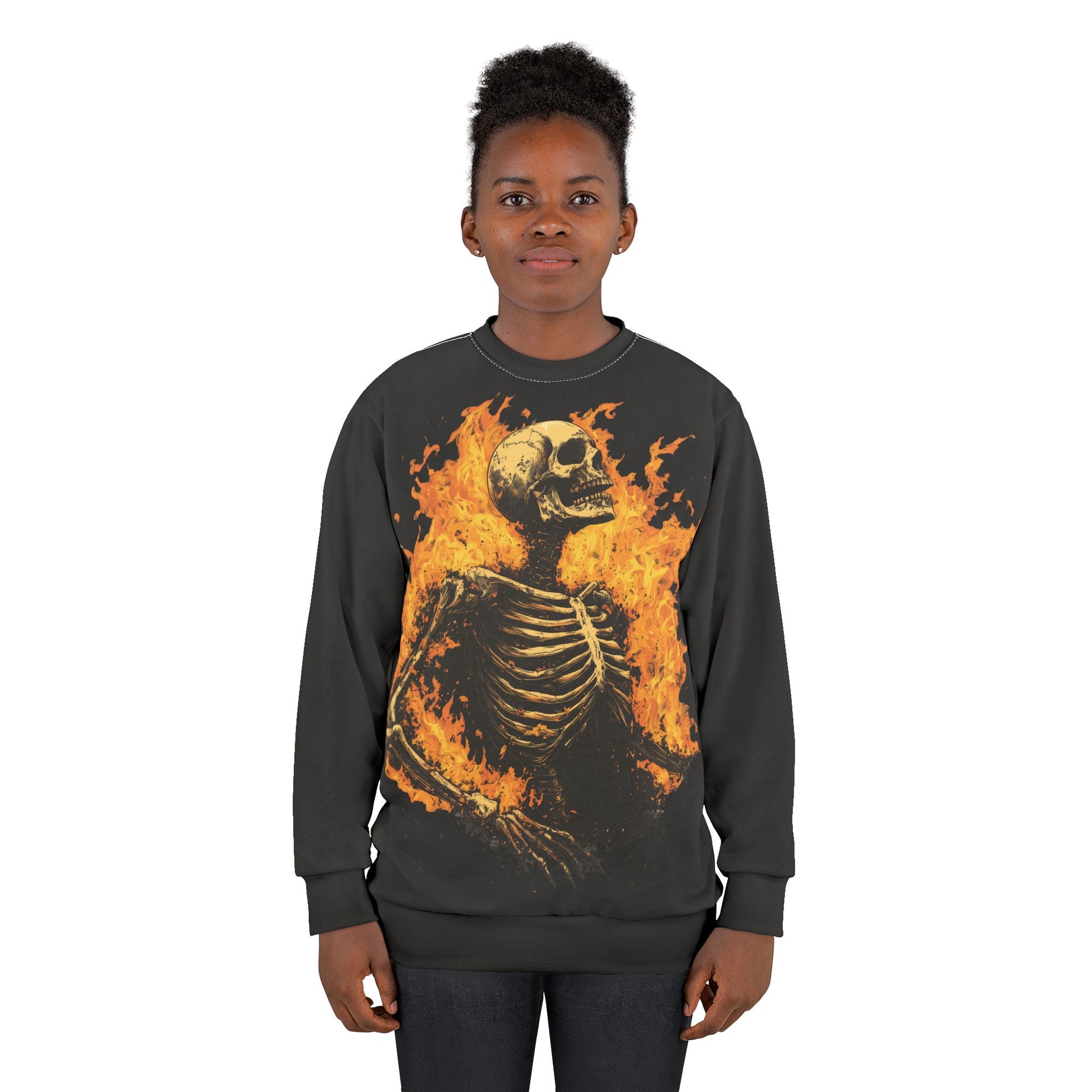 Inferno’s Bones: Skeleton on Fire Crewneck Sweatshirt - Yurei Works