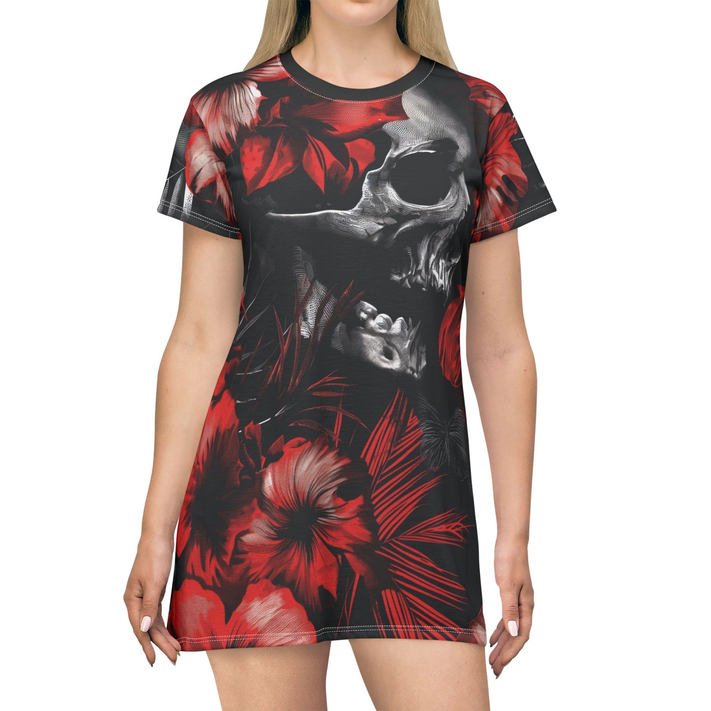 Hibiscus Skull T-Shirt Dress – Eerie Elegance - Yurei Works