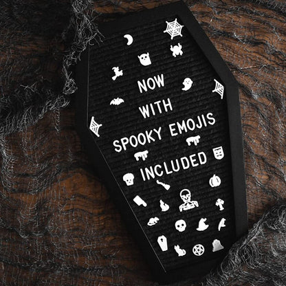 Coffin Letter Board Black with Spooky and All Seasons Emojis +500 Characters, and Wooden Stand - 17X10.5 Inches - Gothic Halloween Decor Spooky Gifts Decorations