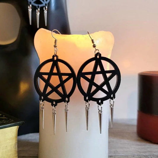 Dark Goth Drop Earrings Black Pentagram Tassel Dangle Earring for Women New Gothic Vintage Jewelry Halloween Accessories Gift