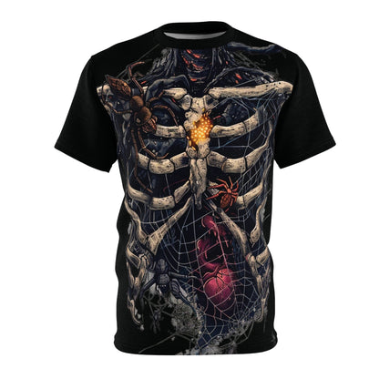 Black t-shirt with ribcage, glowing center, spiders, and web design.