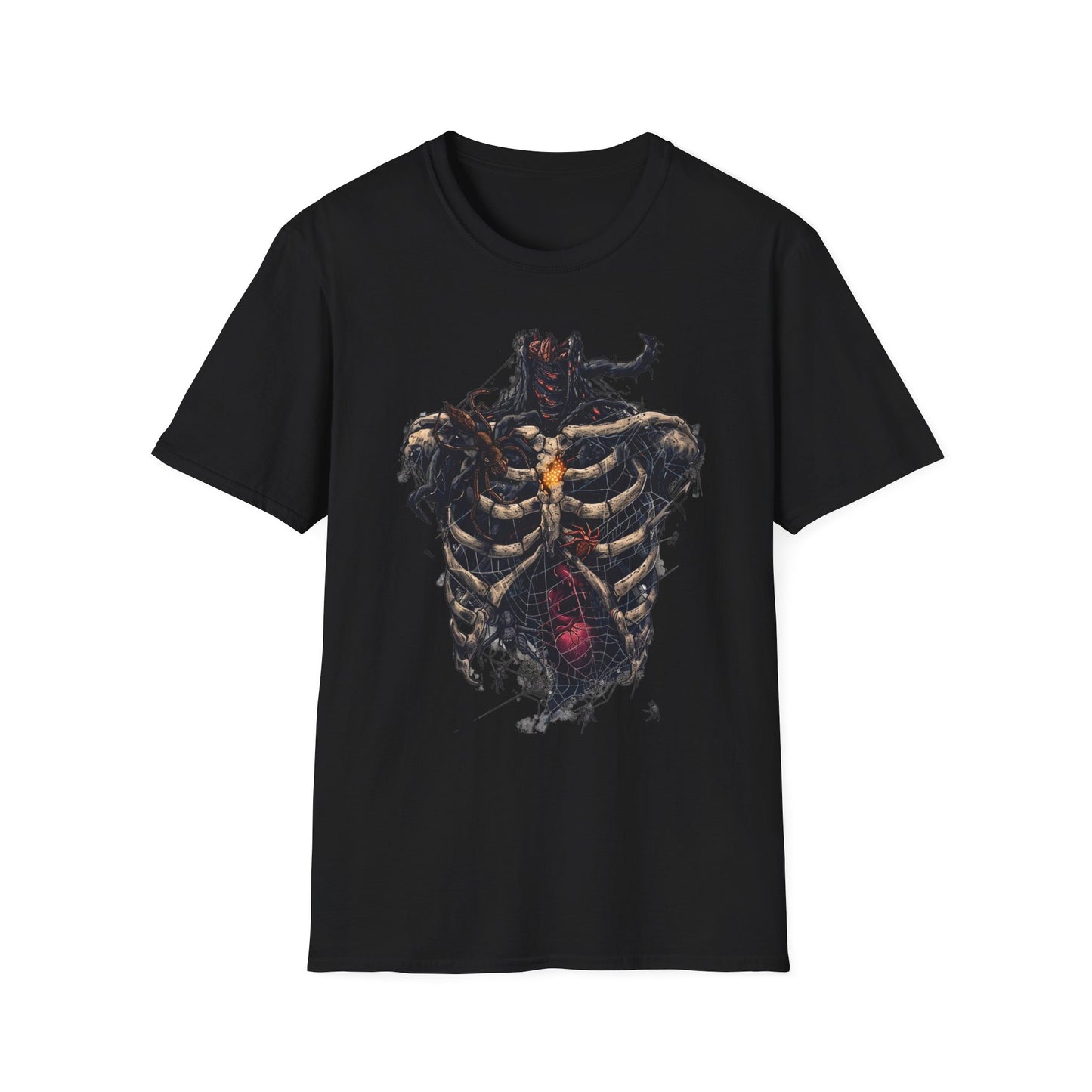 Black T-shirt with a glowing ribcage design and smoky effects.