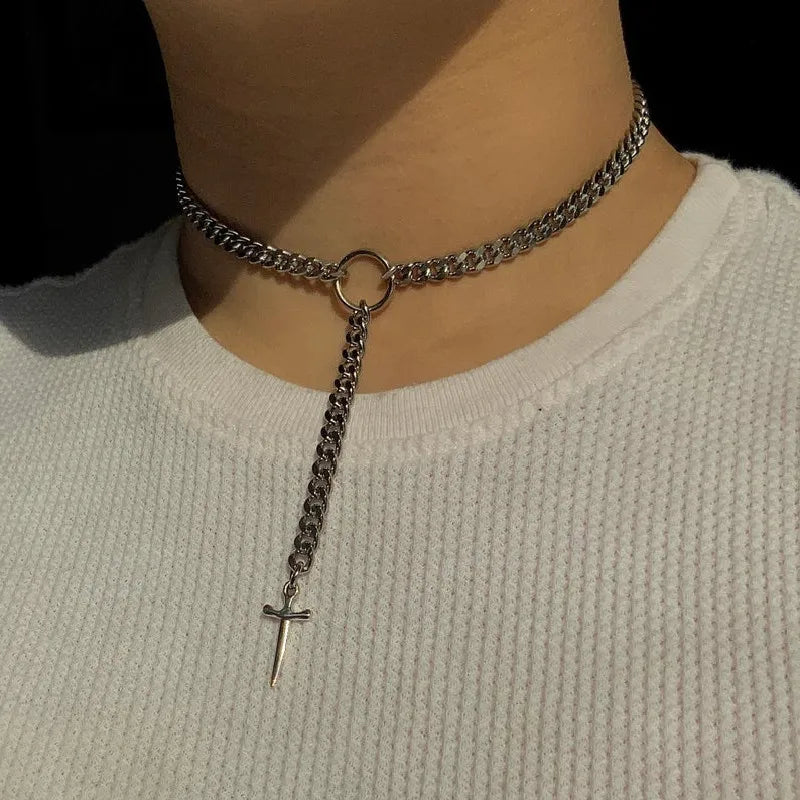 Goth Choker Ring Dagger Necklace Cosplay Grunge Gothic Punk Classical Dark Girl Gift Jewelry Alternative Minimalist Collar - Yurei Works