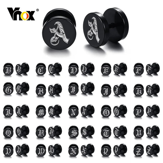 Vnox 10mm Stainless Steel Initials 26 Letter Stud Earrings for Men Women,Punk Gothic Barbell Earring with Custom Small Alphabet - Yurei Works