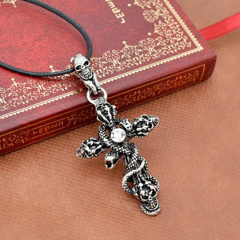 Snake Cross Skeleton Skull Pendant Necklace for Men - Yurei Works