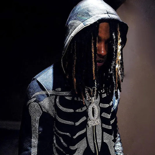 Gothic Rhinestone Skeleton Hoodie - Yurei Works