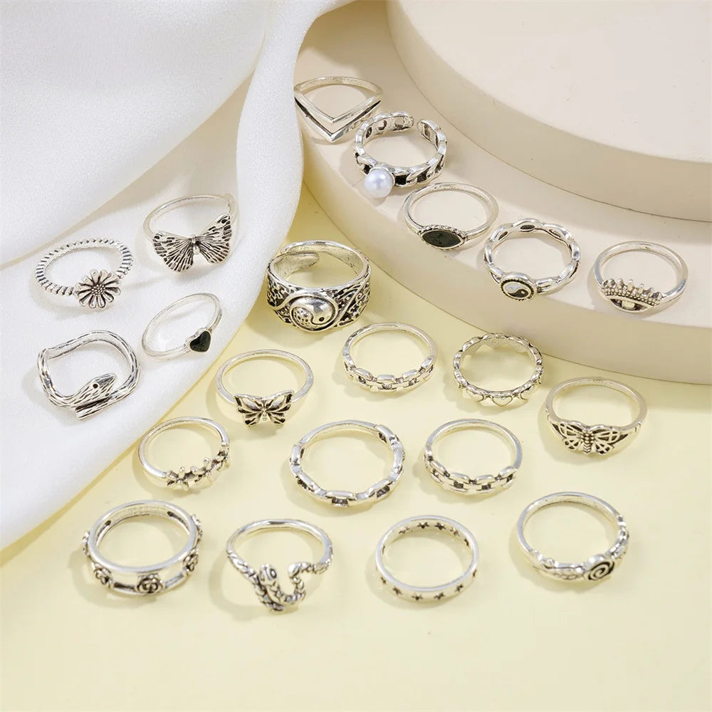 21pcs/set Punk Gothic Butterfly Snake Heart Rings - Vintage Silver Plated Geometric Finger Rings for Women &amp; Men - Yurei Works