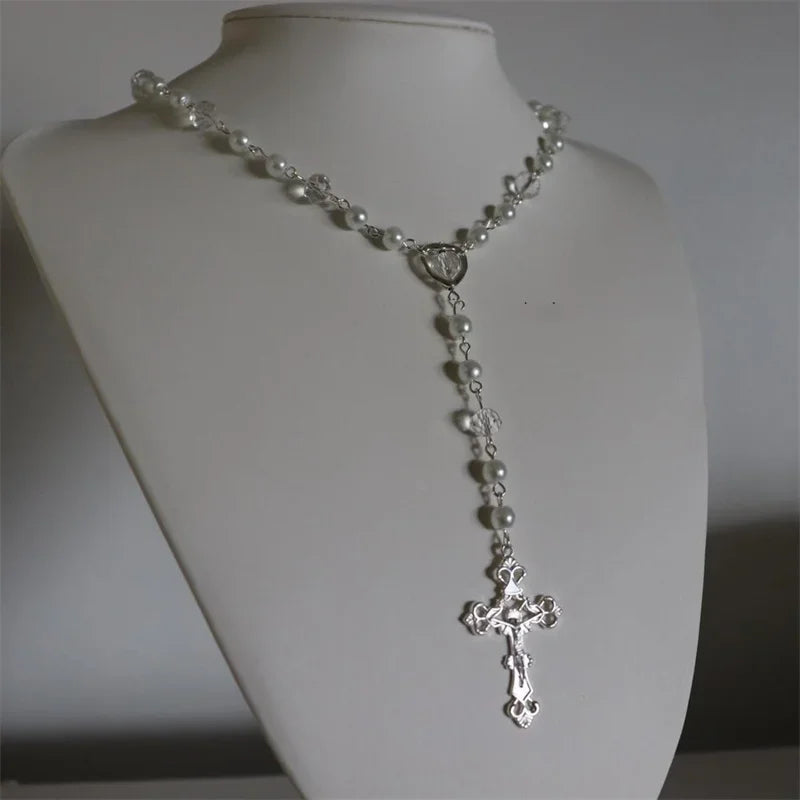 Victoria Handmade Pearl Necklace  Imitation White Crystal Beads Pearl Rosary Style Long Necklace Adjustable Gothic Cross - Yurei Works