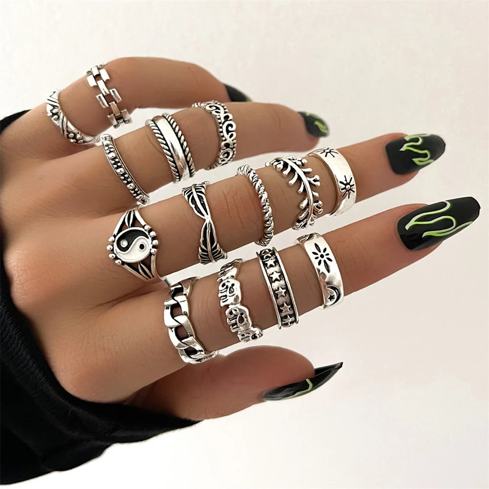 21pcs/set Punk Gothic Butterfly Snake Heart Rings - Vintage Silver Plated Geometric Finger Rings for Women &amp; Men - Yurei Works