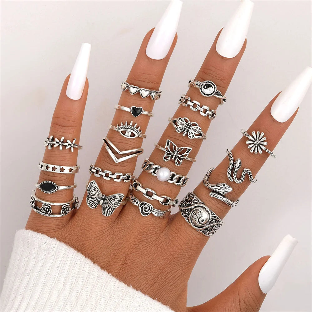 21pcs/set Punk Gothic Butterfly Snake Heart Rings - Vintage Silver Plated Geometric Finger Rings for Women &amp; Men - Yurei Works