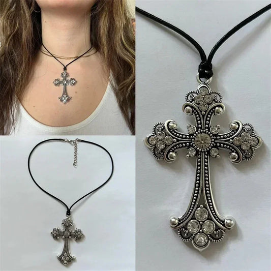 Large Detailed Rhinestone Cross Choker Spiral Hippie Necklace Goth Punk Women Fashion Statement Crucifix Charm Jewelry Gift - Yurei Works