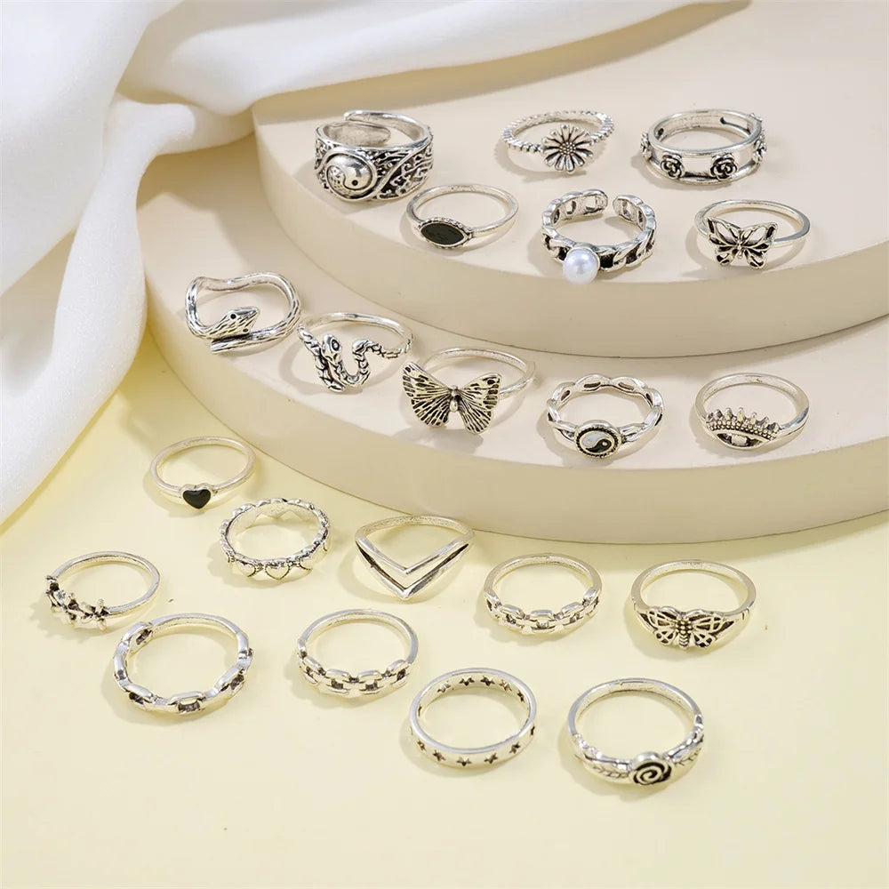 21pcs/set Punk Gothic Butterfly Snake Heart Rings - Vintage Silver Plated Geometric Finger Rings for Women &amp; Men - Yurei Works