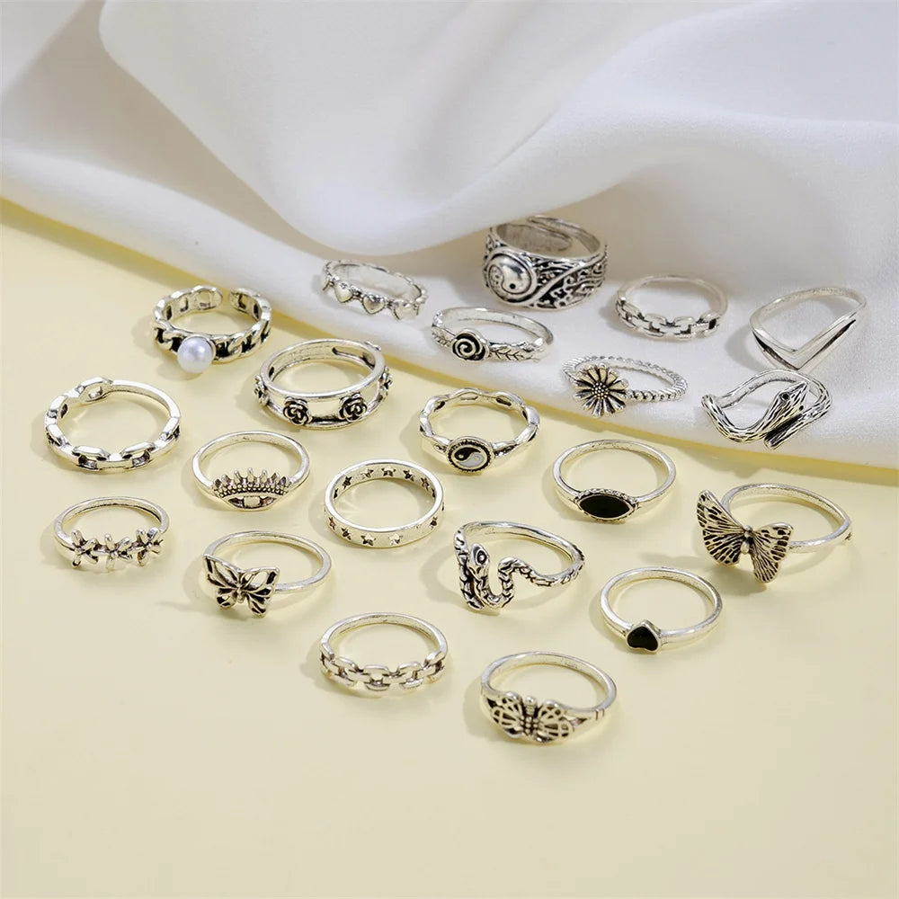 21pcs/set Punk Gothic Butterfly Snake Heart Rings - Vintage Silver Plated Geometric Finger Rings for Women &amp; Men - Yurei Works