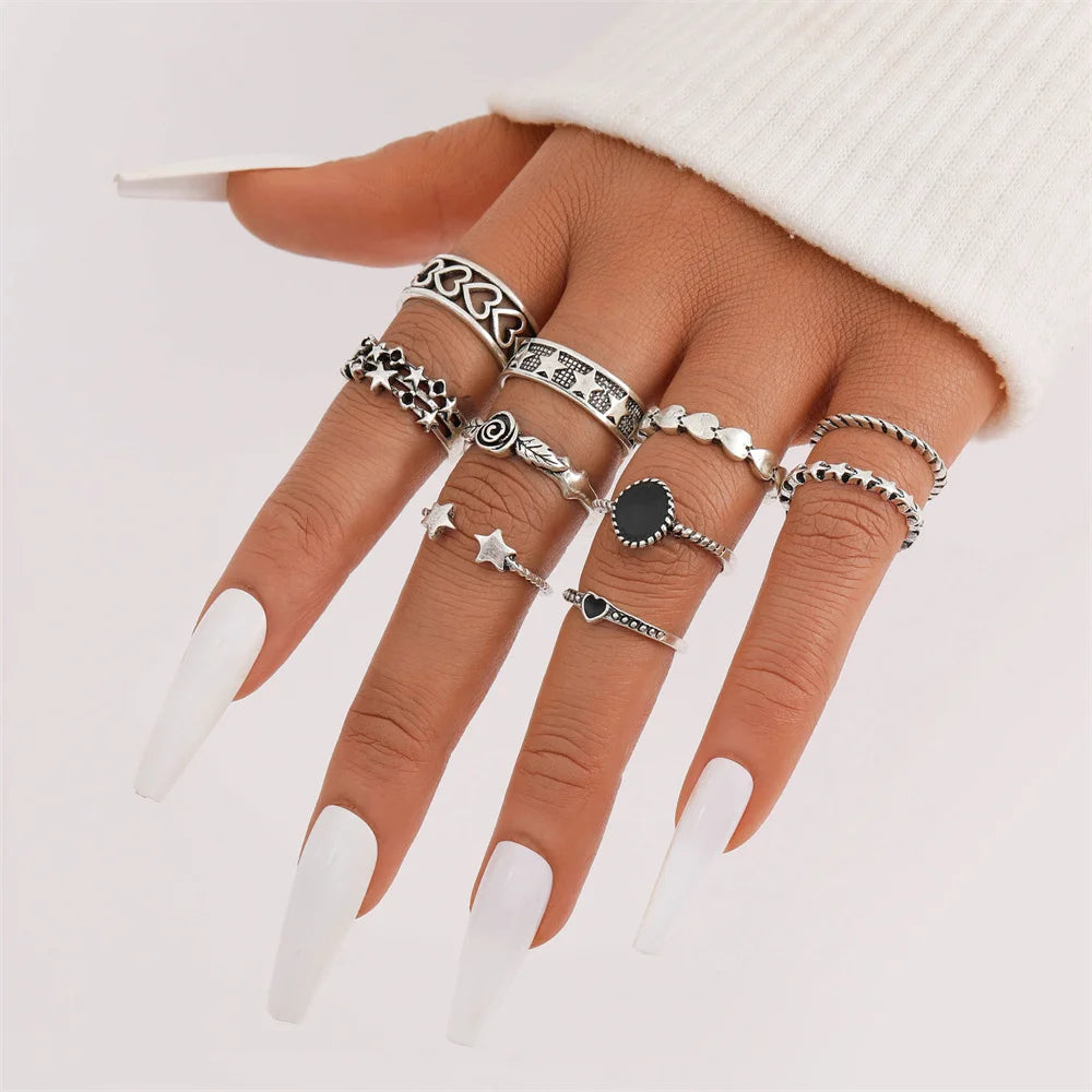 21pcs/set Punk Gothic Butterfly Snake Heart Rings - Vintage Silver Plated Geometric Finger Rings for Women &amp; Men - Yurei Works