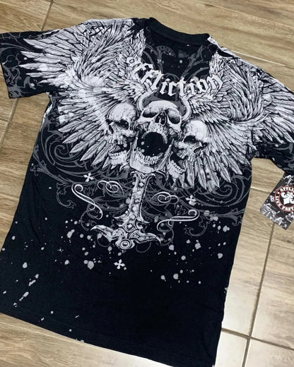 Y2K Affliction Style Gothic Skull Cross T-Shirt - Men’s Trendy Graphic Streetwear Tee - Yurei Works