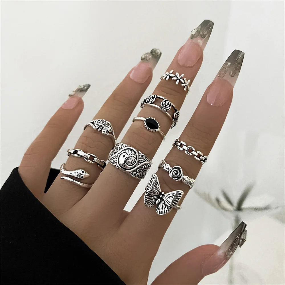 21pcs/set Punk Gothic Butterfly Snake Heart Rings - Vintage Silver Plated Geometric Finger Rings for Women &amp; Men - Yurei Works