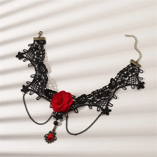 French Retro Black Color Lace Choker Necklace Gothic Flower Red Gemstone Pendant Necklace Women Short Collar Ladies jEWELRY - Yurei Works