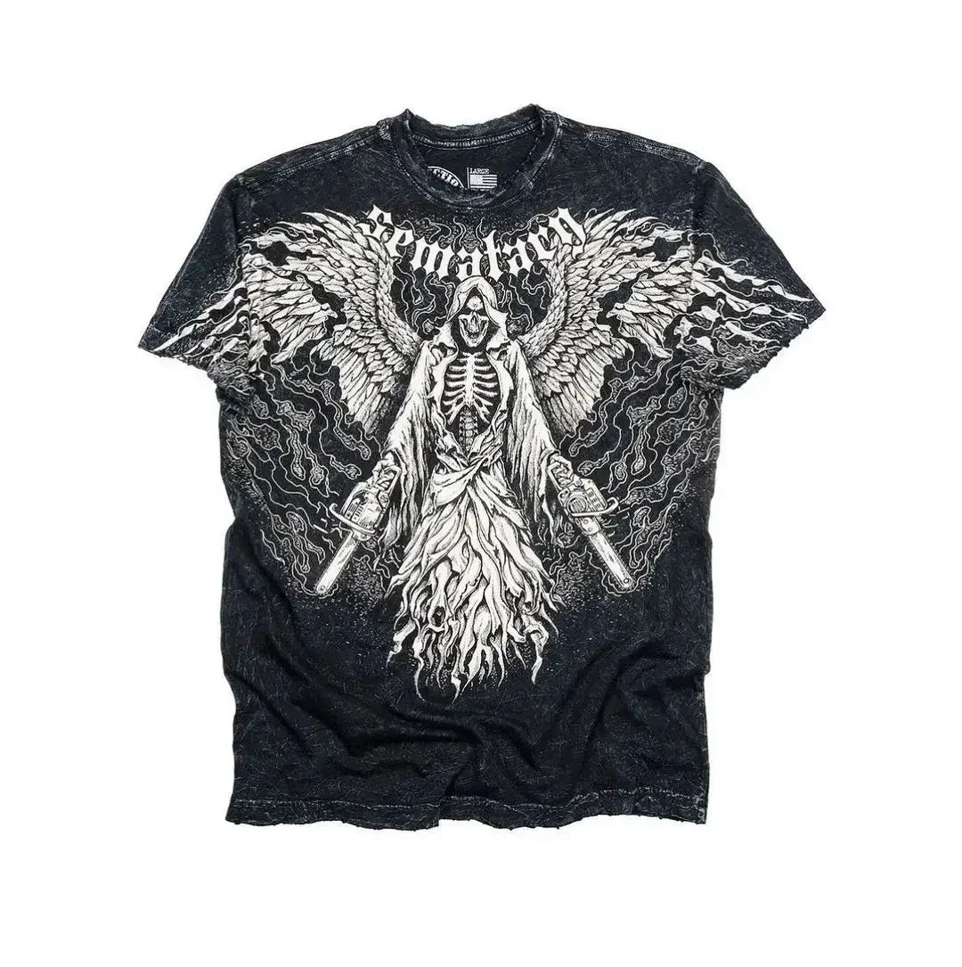 Y2K Affliction Style Gothic Skull Cross T-Shirt - Men’s Trendy Graphic Streetwear Tee - Yurei Works