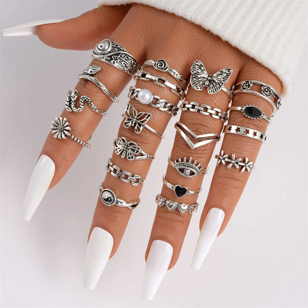 21pcs/set Punk Gothic Butterfly Snake Heart Rings - Vintage Silver Plated Geometric Finger Rings for Women &amp; Men - Yurei Works