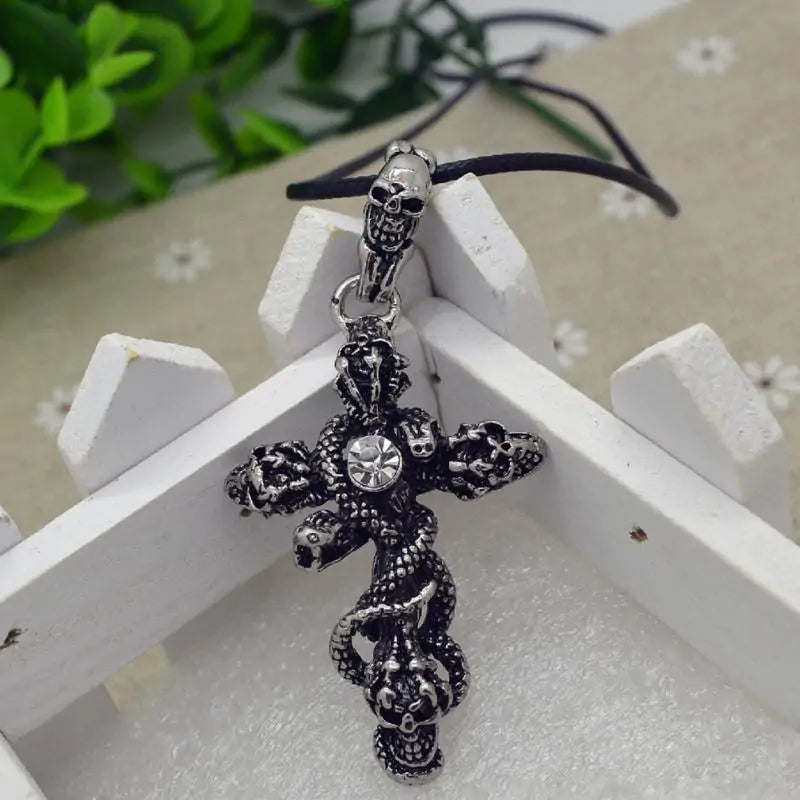 Snake Cross Skeleton Skull Pendant Necklace for Men - Yurei Works