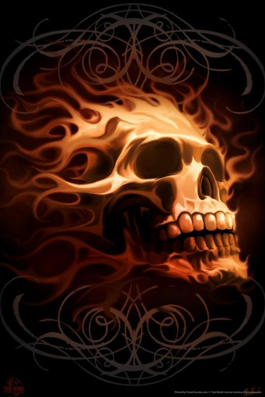 Flaming Skull Tom Wood Fantasy Horror Flames Head Poster Scary Ride or Die Drawing Thick Paper Print Wall Art 8X12