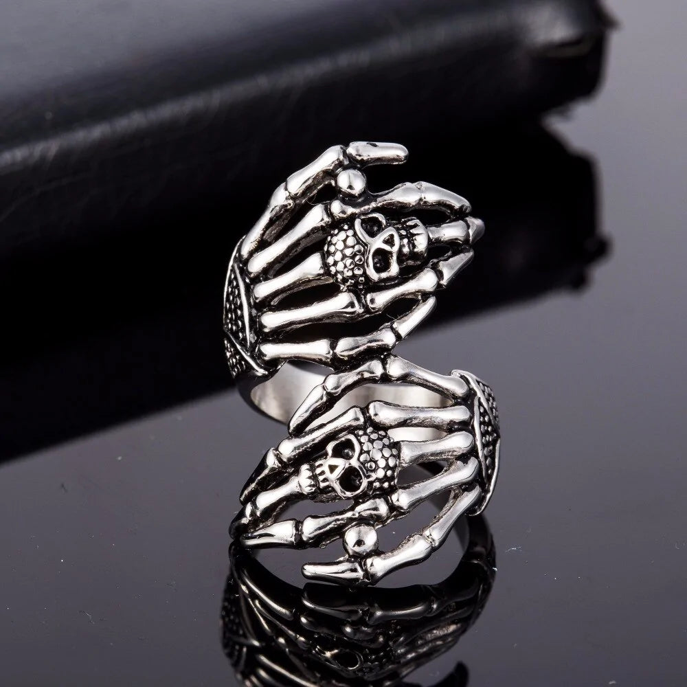 Retro Silver Skull Hand Ring - Yurei Works