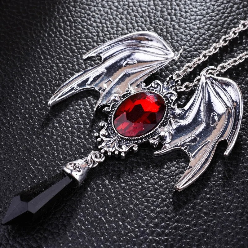 Red Crystal Vampire Bat Pendant - Yurei Works