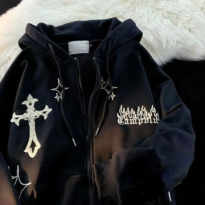 Goth Embroidery Retro Hoodies - Yurei Works