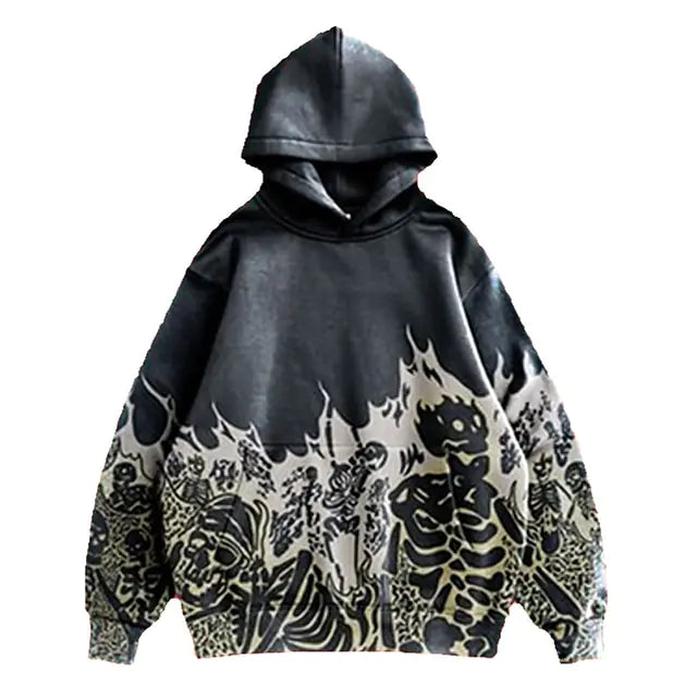 Men's Hip Hop Goth Skull Print Long Sleeve Oversized Hoodies - Yurei Works